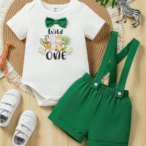 Green Suspender Shorts and Wild One Bodysuit Set